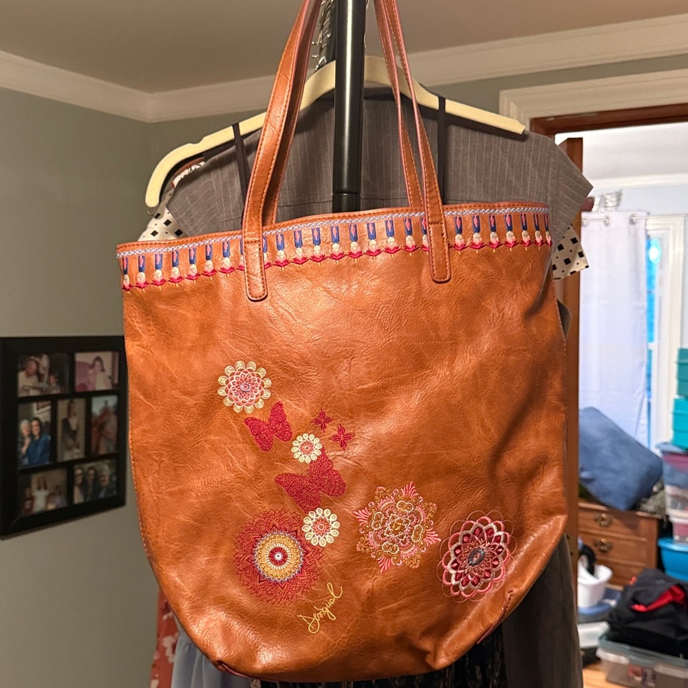 Desigual Brown Tote with Colorful Embroidery